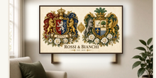
Cargar imagen en el visor de la galería, Sample Dual Anniversary coat of arms PDF printed and framed — Rossi &amp; Bianchi landscape — Herald Lab
